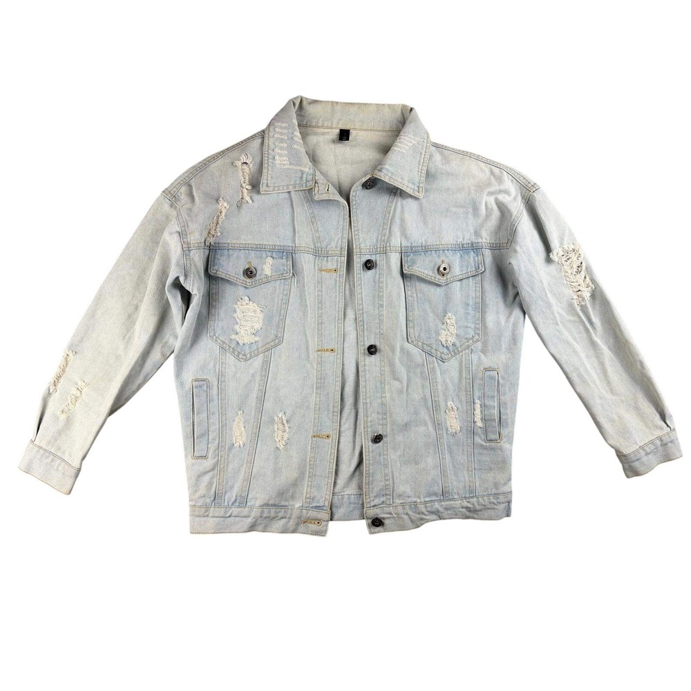 HUIHUI Denim Jacket Women Blue Trucker Distressed Grunge‎ Button Up Streetwear